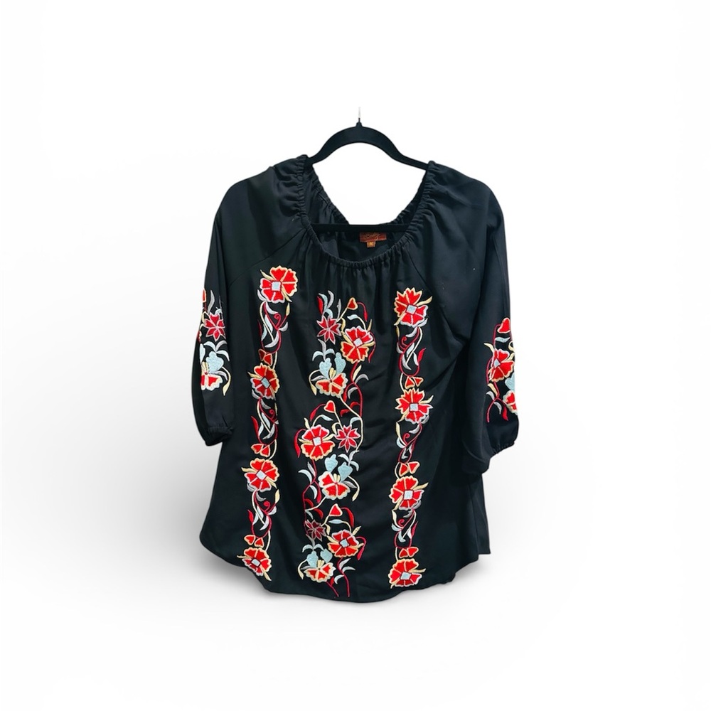 Scully Black Floral Embroidered Women's Top